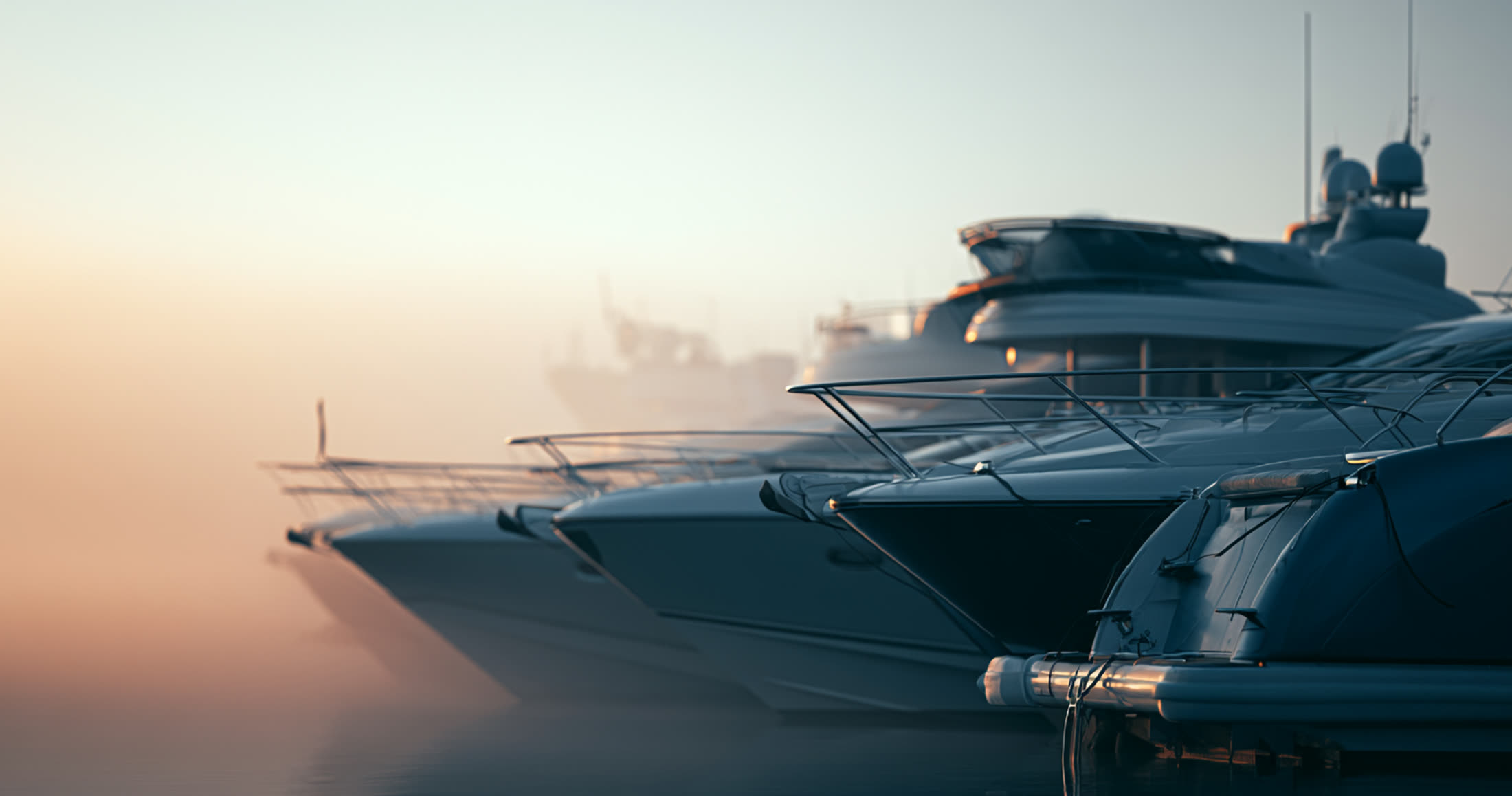Motorboat bows lined up in dawn mist